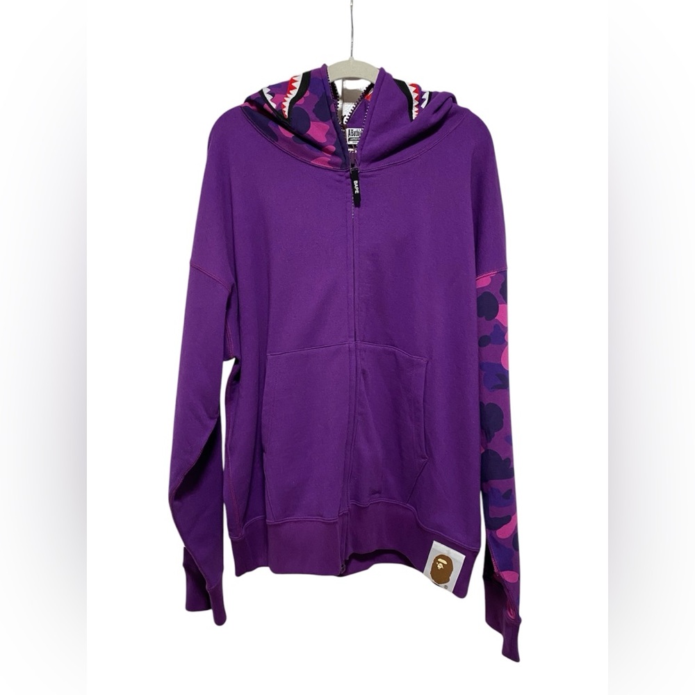 A Bathing Ape BAPE Giant Shark Purple Camo Full Zip Hoodie Loose Fit Large
